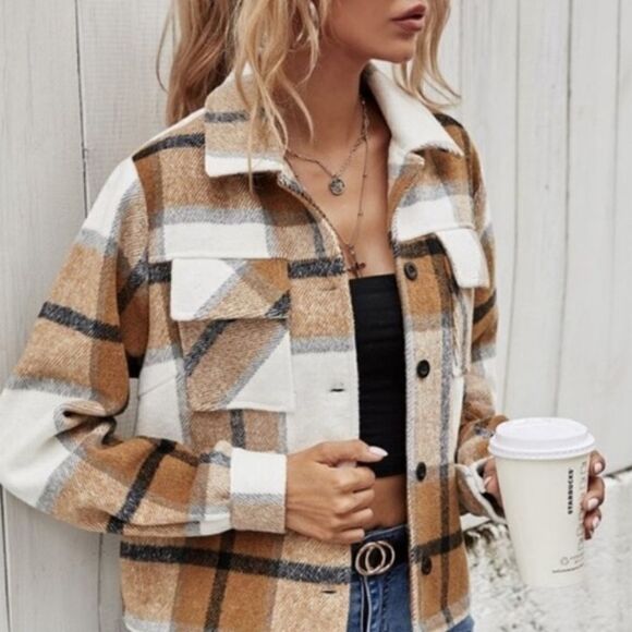 BROWN Plaid Jacket S-M-L - Picture 3 of 5